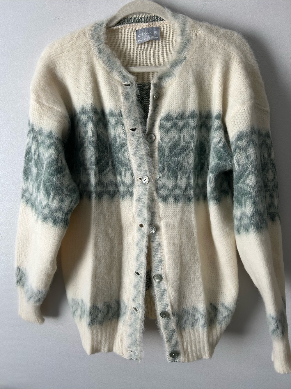 Icelandic made for Moffat Woollens Mohair Cardigan Sweater - Cream with Sage
